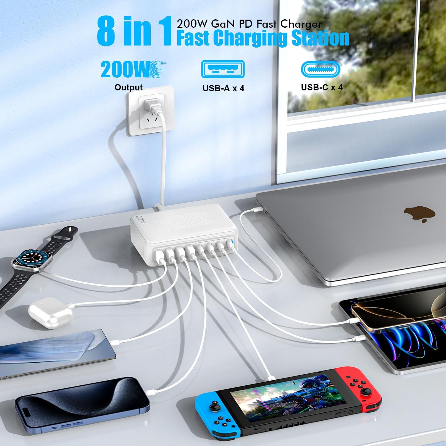 200W GaN 8-Port USB-C Charging Station with USB-A