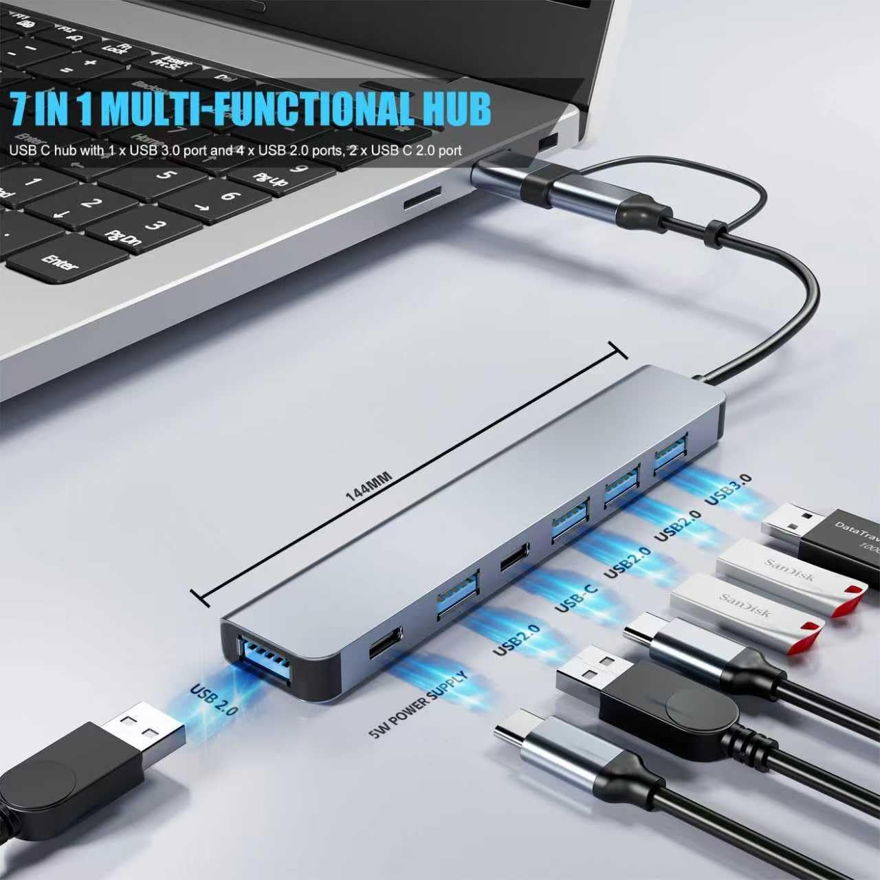 7-in-1 USB-C Hub — Aluminium Body with USB 3.0 Ports
