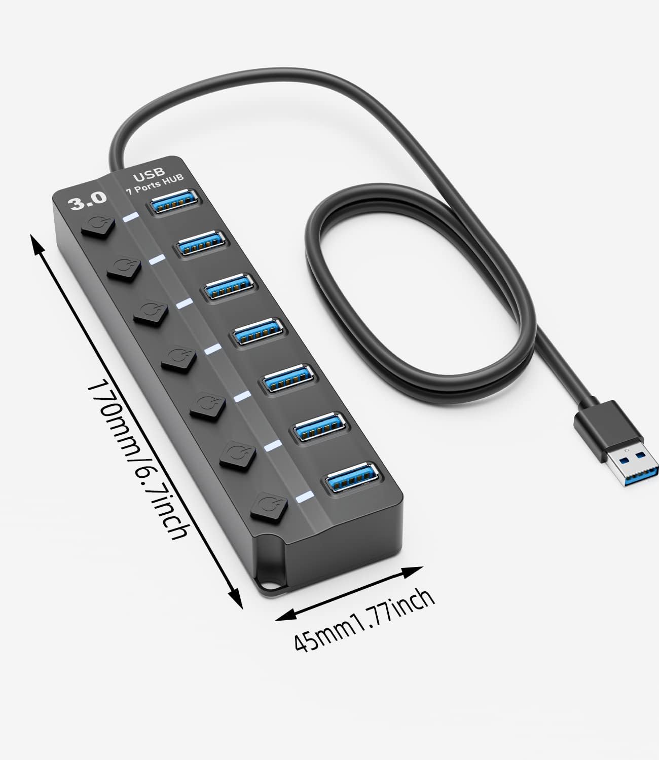 7-Port USB 3.0 Hub with On/Off Switches and 1.2 m Cable