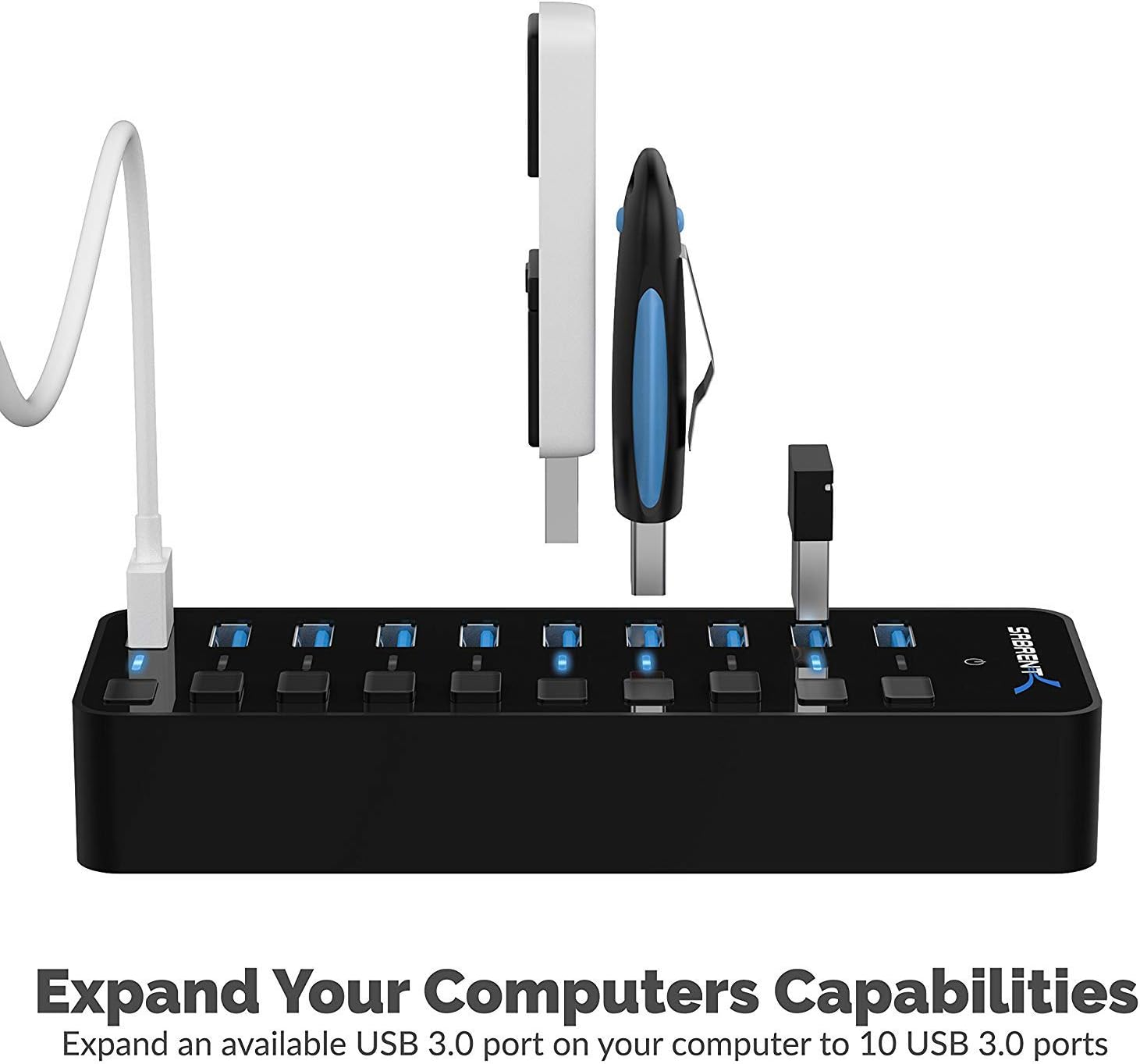 Powered 10-Port USB 3.0 Hub 60W with Per-Port Switches and LEDs