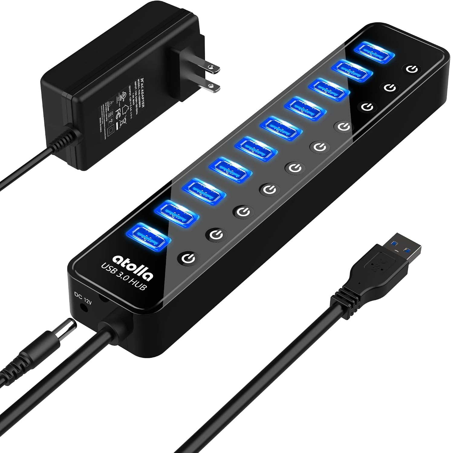 Powered 10-Port USB 3.0 Hub with Individual Switches and 12V Adapter