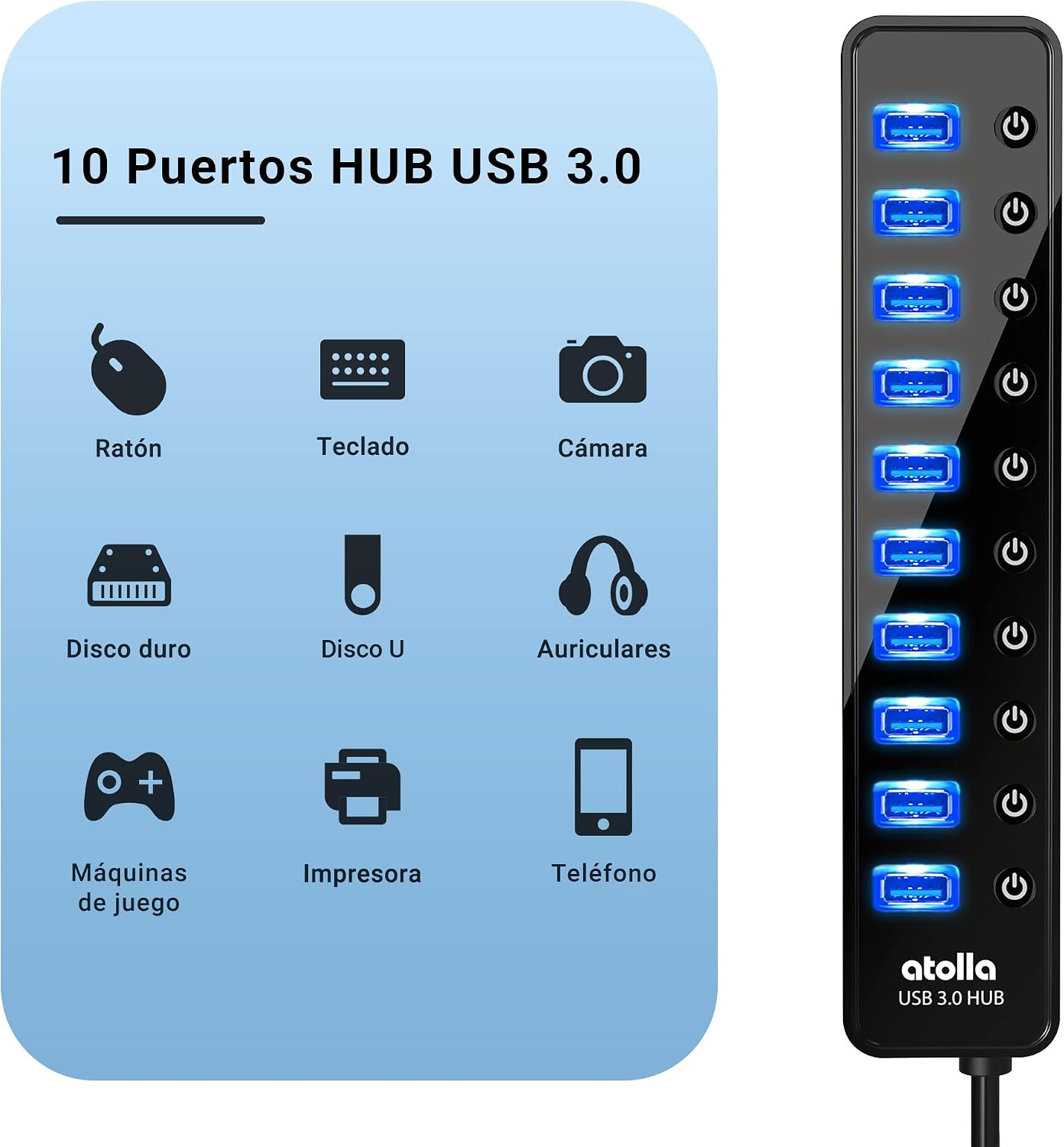 Powered 10-Port USB 3.0 Hub with Individual Switches and 12V Adapter