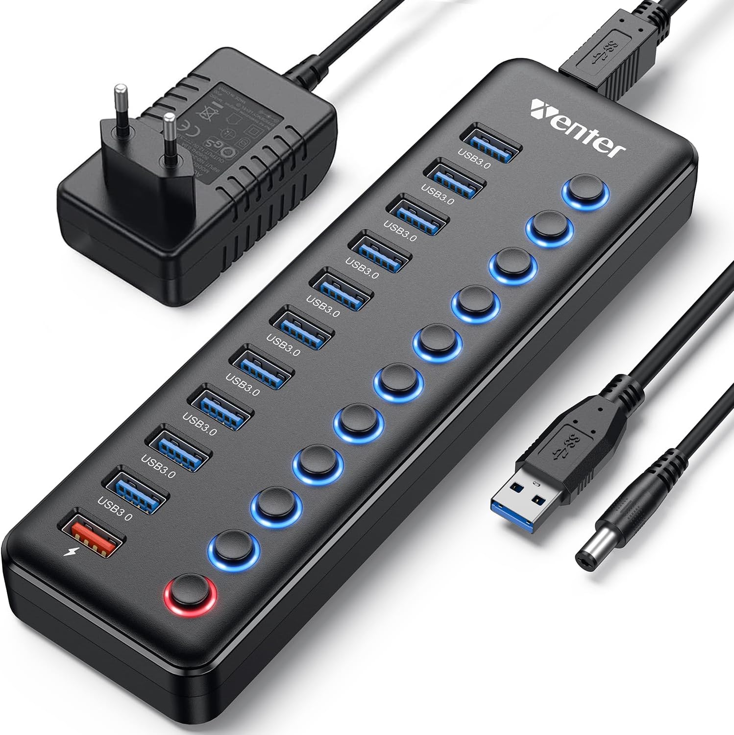 Powered 11-Port USB Hub with 10 Data Ports and 1 Charging Port