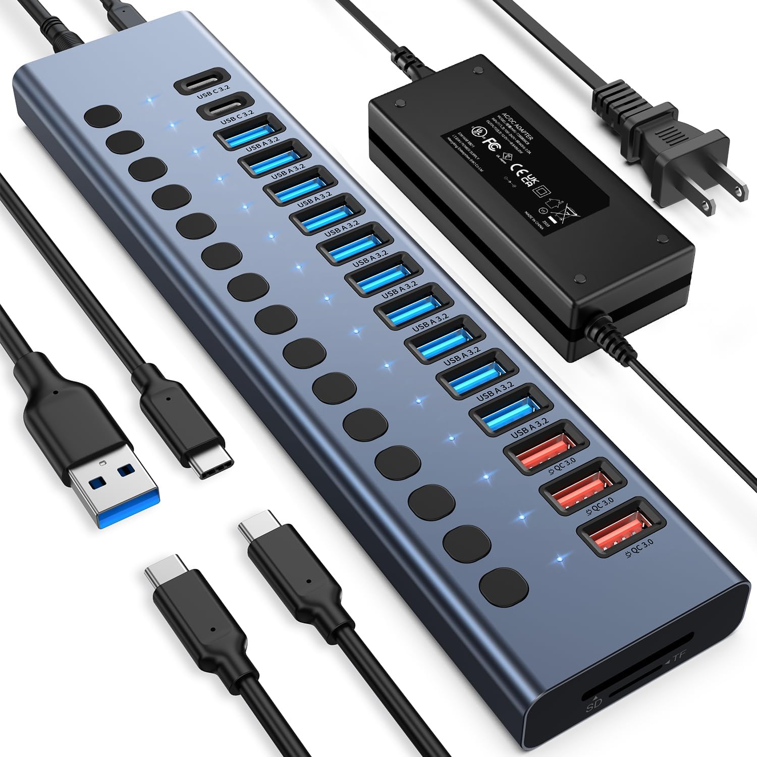 Powered 17-Port USB 3.2 Hub 96W with Fast Charging Ports