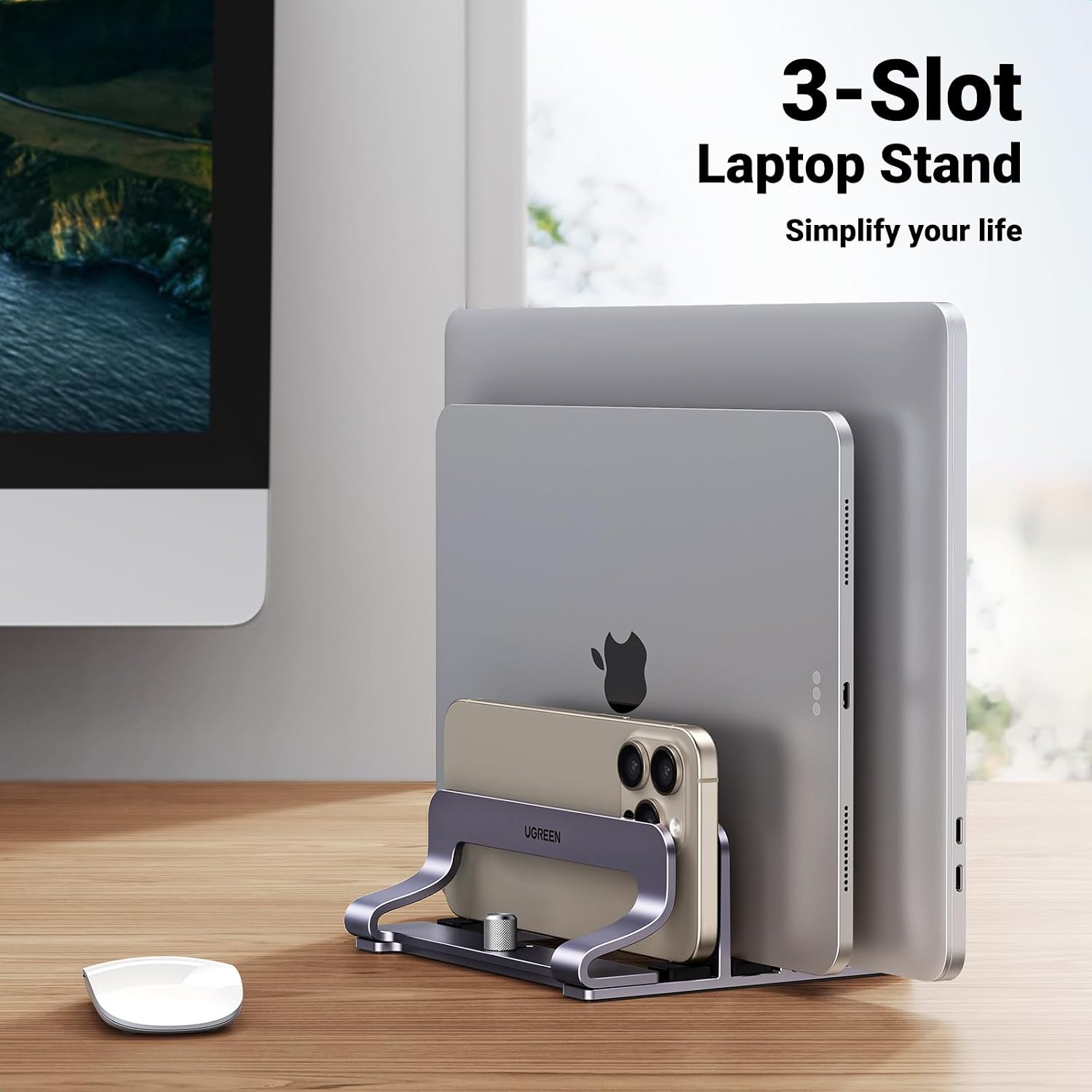 Three-Slot Vertical Laptop Stand — Adjustable Aluminium Desk Holder