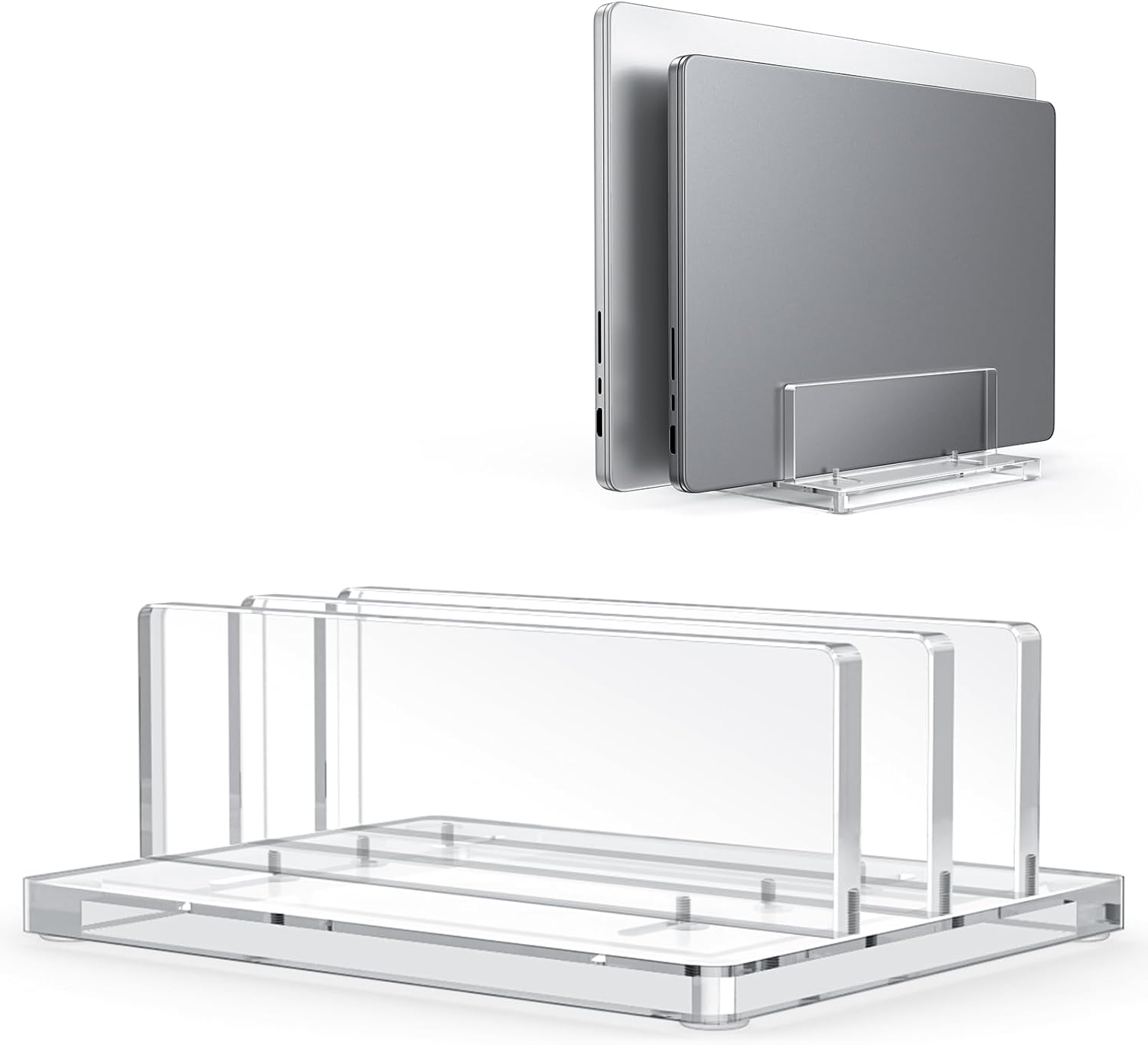 Vertical Laptop Stand — Clear Acrylic Dual Holder, Adjustable Width